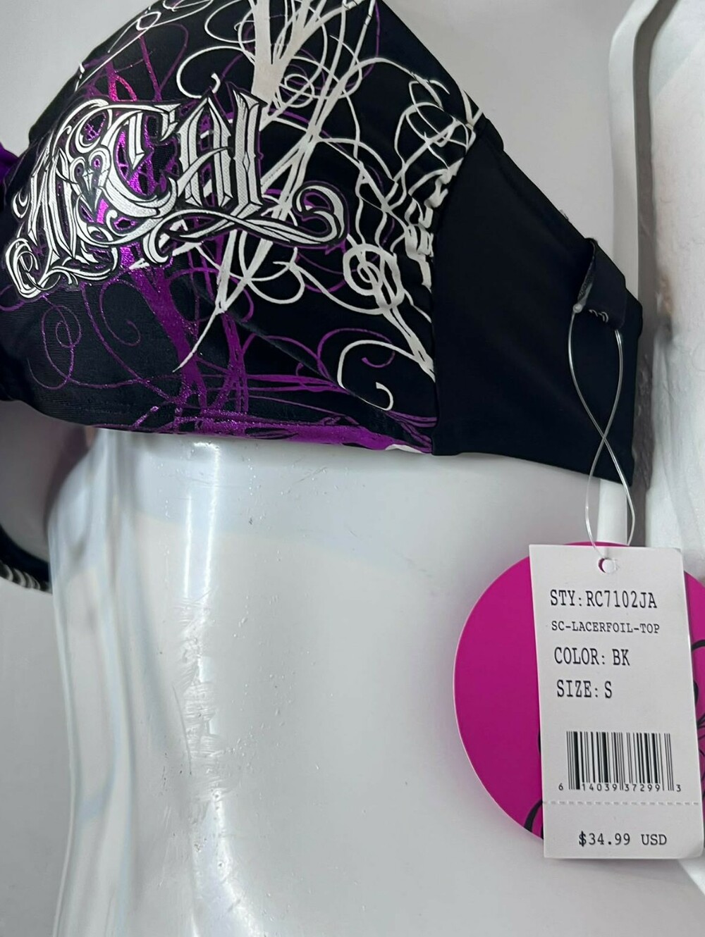 So Cal Black Bandeau Bikini Top with Purple Lace-Up Detail Grudge Goth Y2K - Picture 2 of 4